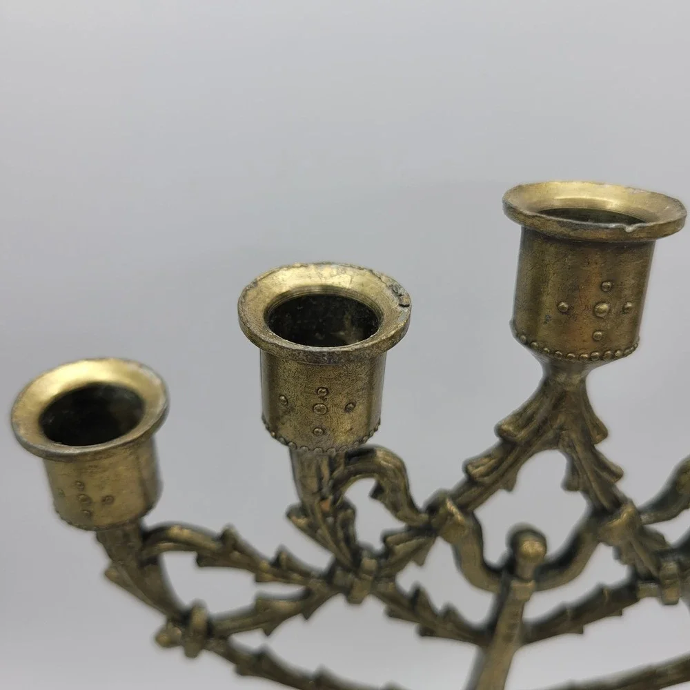 Vintage Brass‎ Menorah Candlestick Holder Ornate Octagon Base 5 Candle